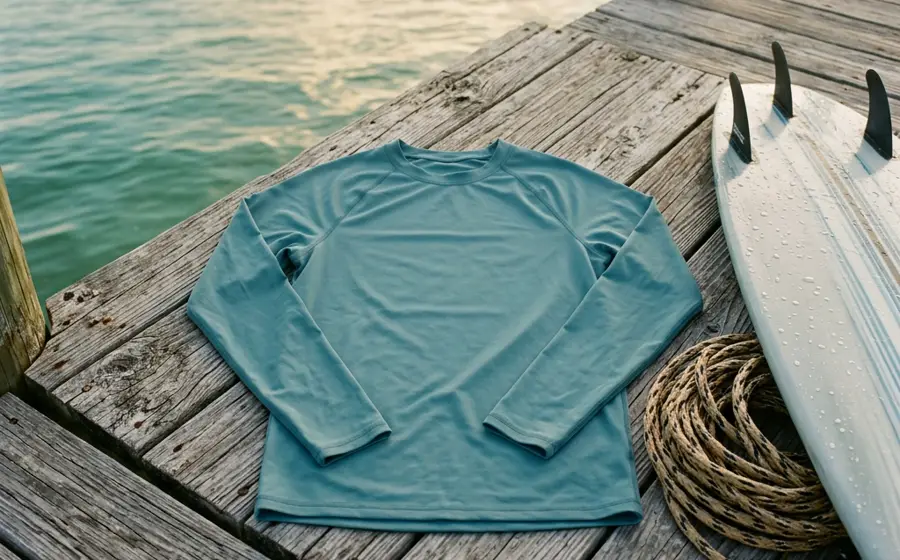 A long-sleeve UPF sun shirt laid flat beside a wakesurf board on a dock