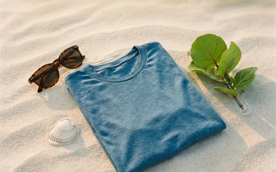 A folded heavyweight cotton tee with a screen-printed wave graphic on a sun-bleached wood surface