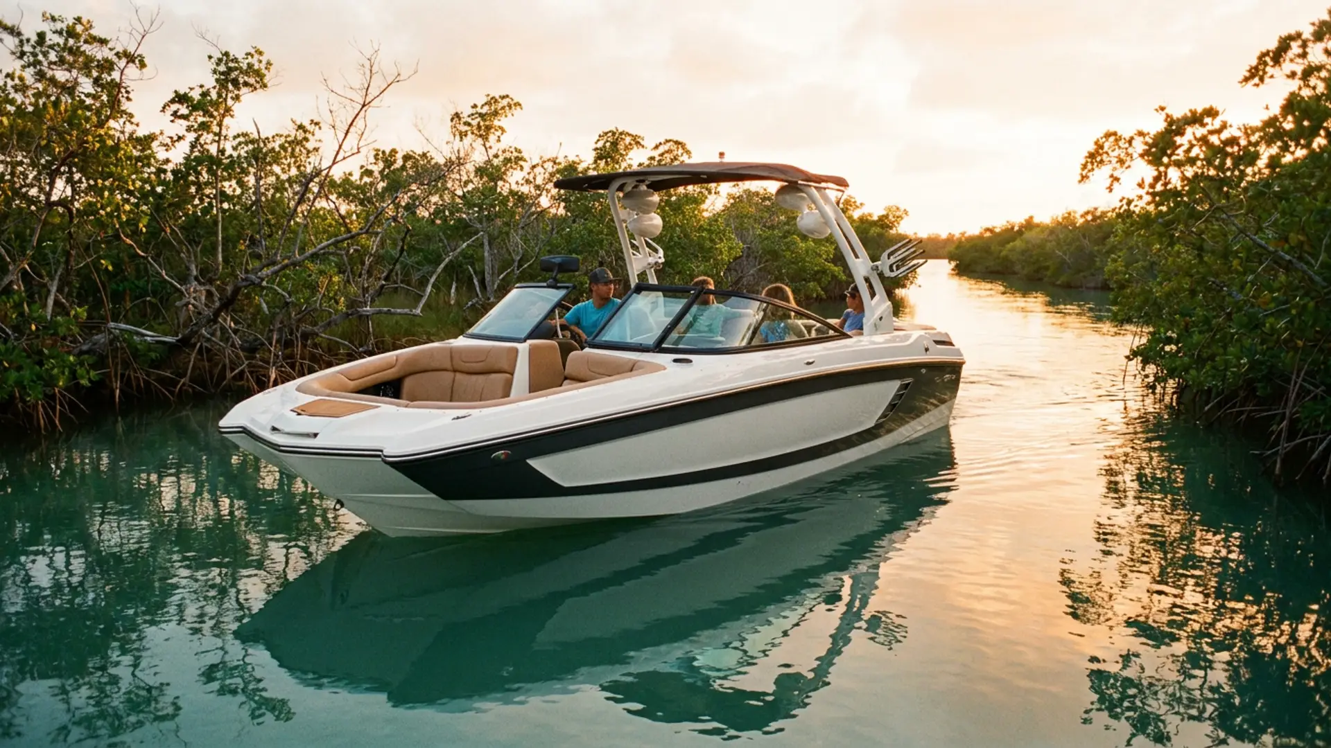 A new white 26-foot inboard wake surf boat with a wake tower cruising a mangrove-lined Naples channel at sunset