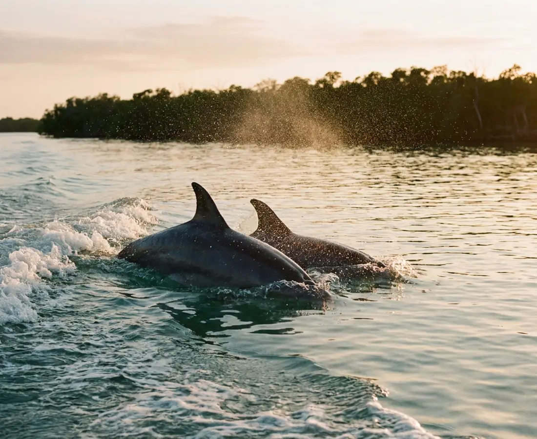 Two wild bottlenose dolphins surfacing in the wake beside a boat in a mangrove-lined Southwest Florida pass at golden hour