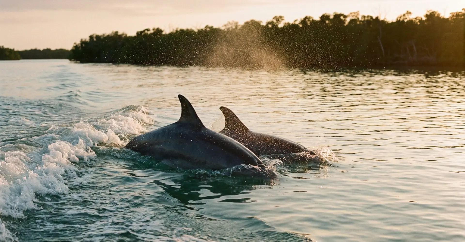 Two wild bottlenose dolphins surfacing beside a boat wake in a mangrove-lined Southwest Florida pass at golden hour