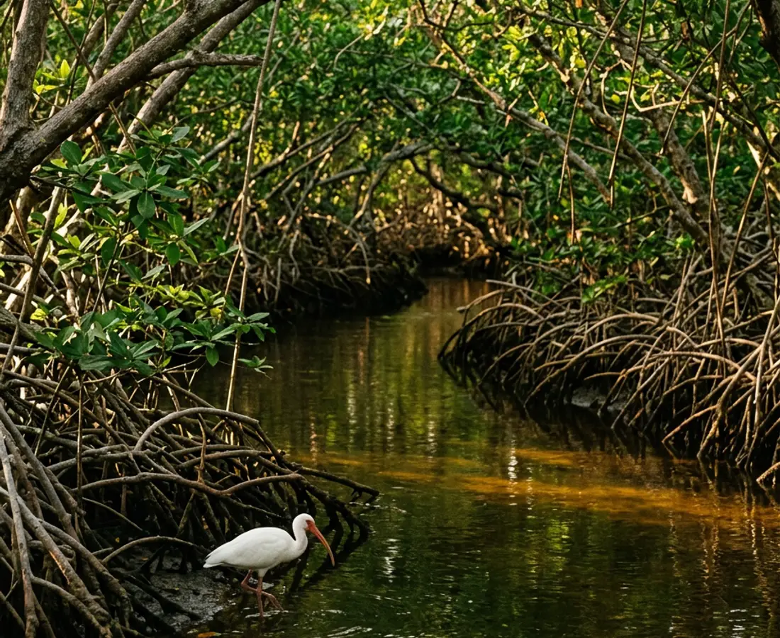 A narrow mangrove tunnel over still dark water on the edge of the Everglades, with a white ibis standing in the shallows
