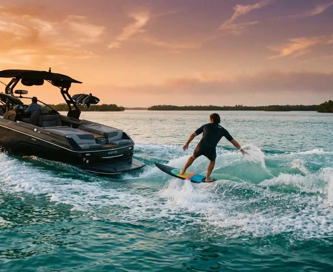 A wake surfer carving rope-free on the clean wave behind a wake surf boat on flat turquoise water