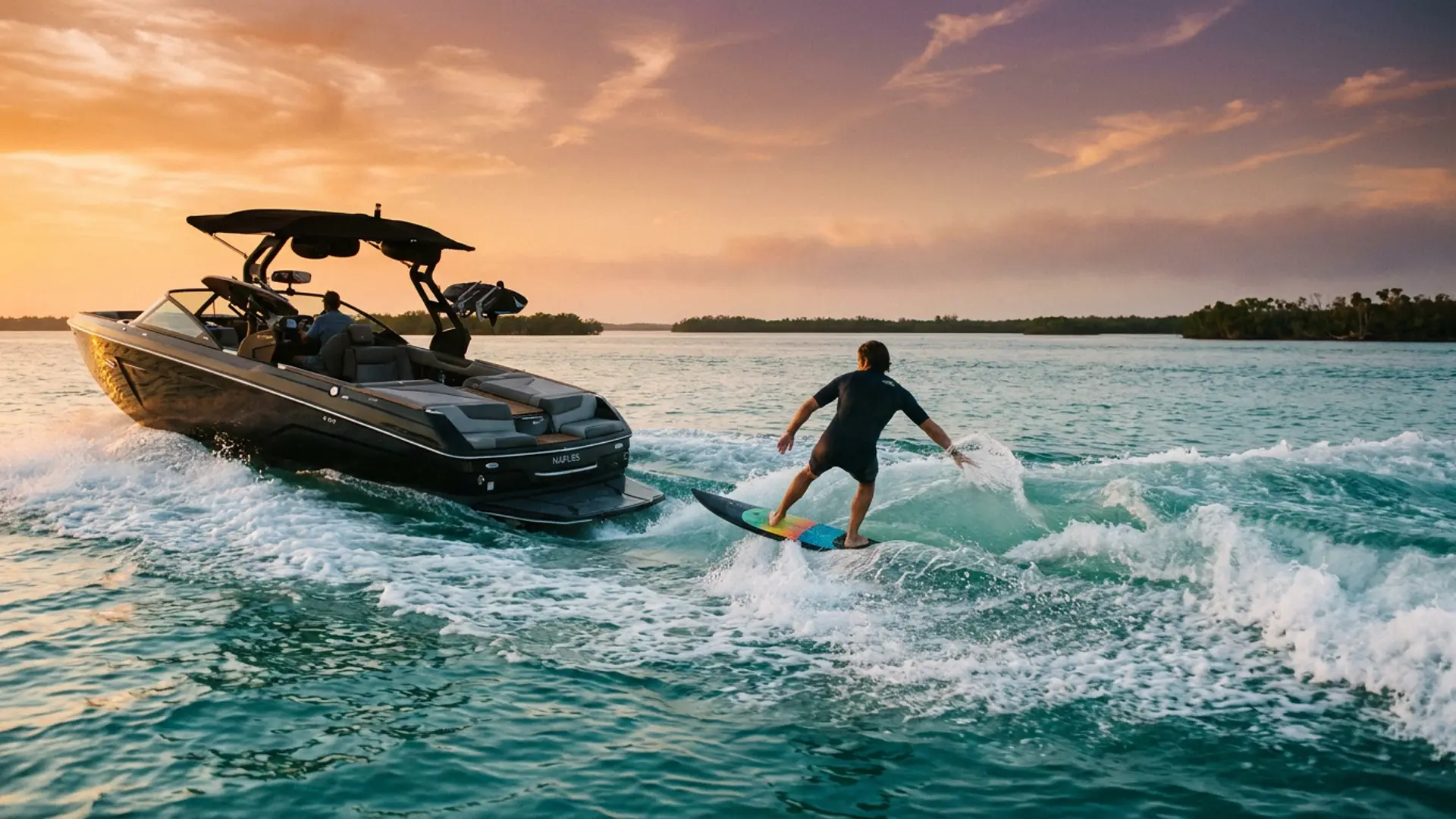 A wake surfer carving rope-free on the clean wave behind a wake surf boat on turquoise water near Naples, Florida