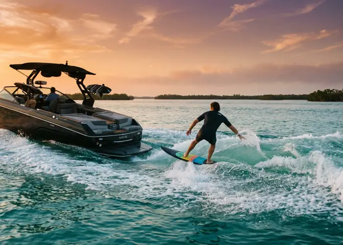A wake surfer carving rope-free on the clean wave behind a wake surf boat on turquoise water near Naples, Florida