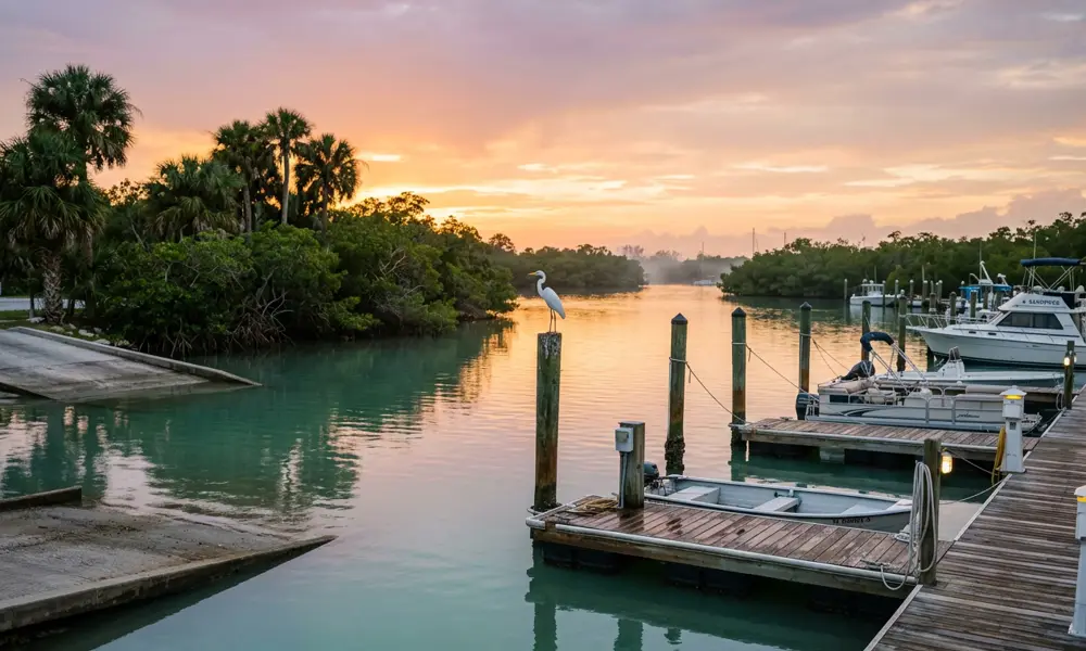 Wooden docks and a boat ramp at a mangrove-lined Southwest Florida river marina at golden hour