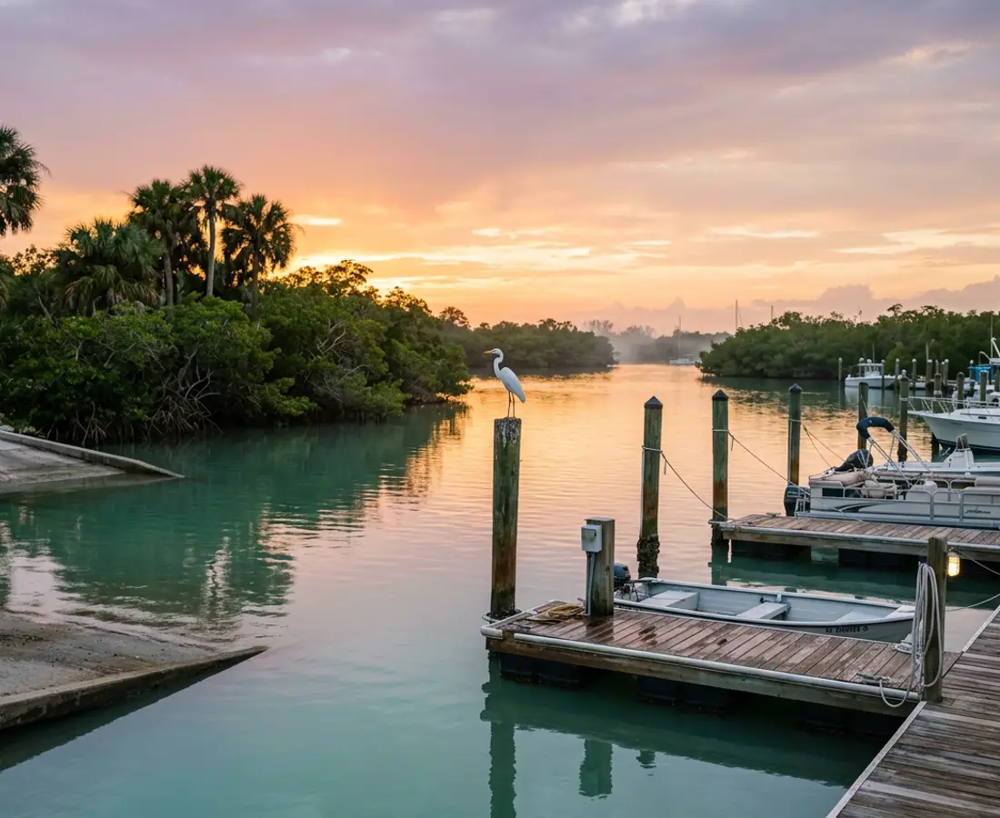 Wooden docks and a boat ramp at a mangrove-lined Southwest Florida river marina at golden hour