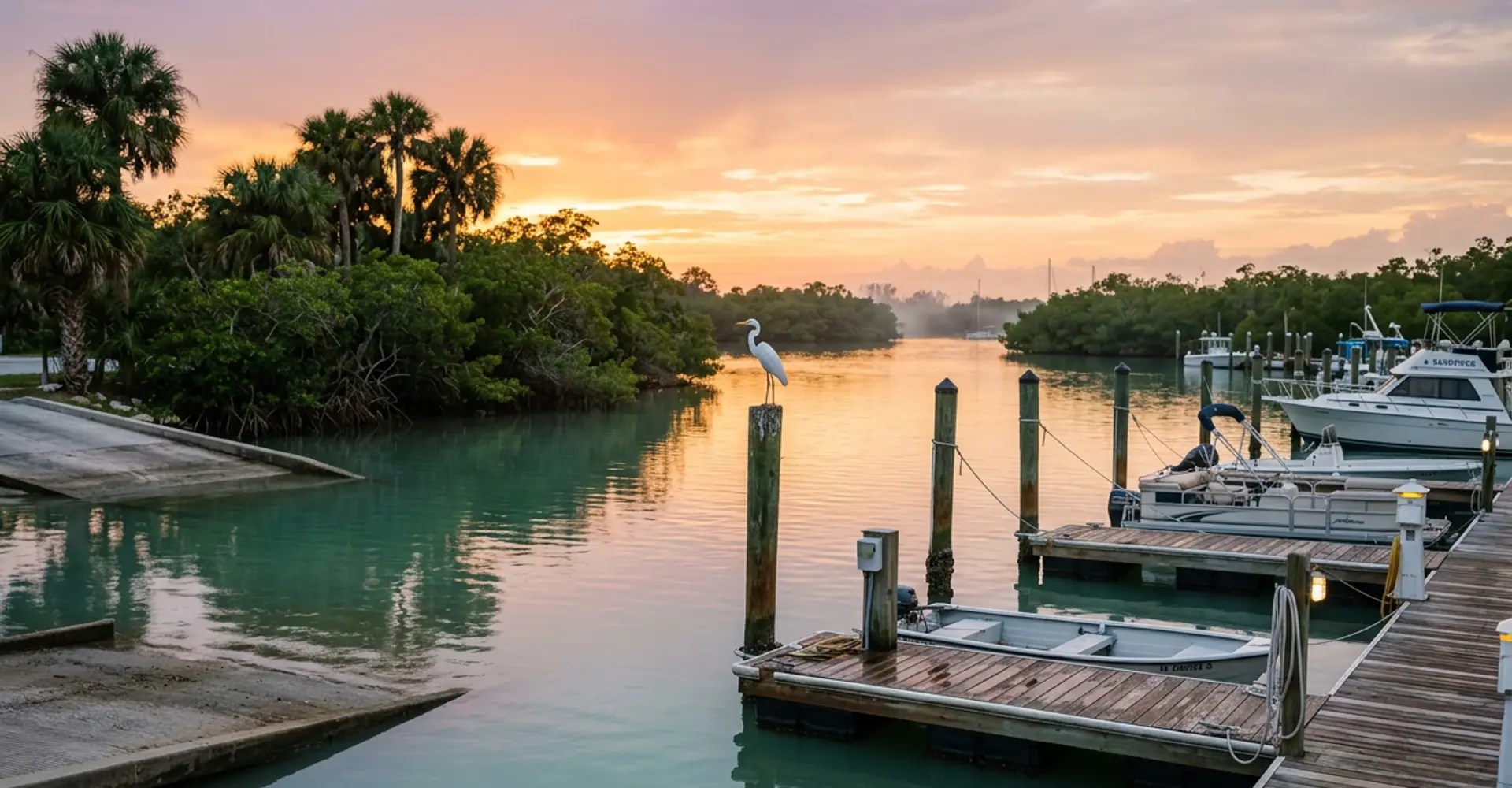 Boats docked along a mangrove-lined marina channel in North Naples, Florida, at golden hour