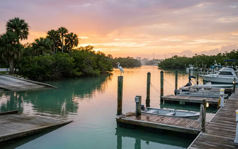 Wooden docks and a boat ramp at a mangrove-lined Southwest Florida river marina at golden hour