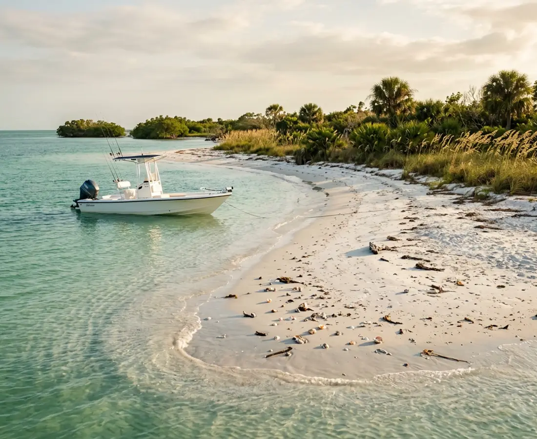 A boat anchored in clear shallow turquoise water off a secluded white-sand barrier island near Naples