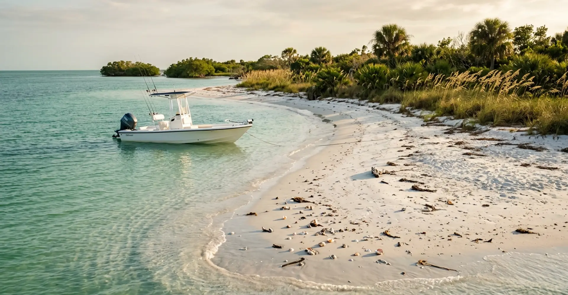 A boat anchored in clear shallow turquoise water off a secluded white-sand barrier island near Naples