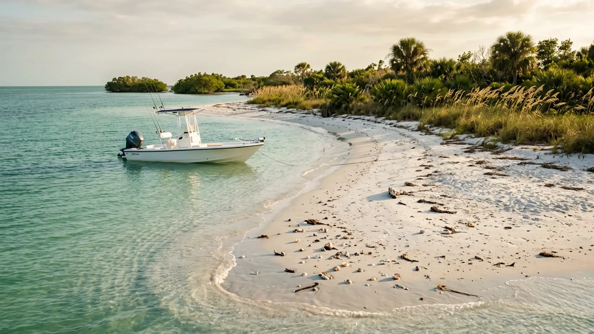 Shallow turquoise water over a white sandbar with boats anchored off a barrier island near Naples, Florida