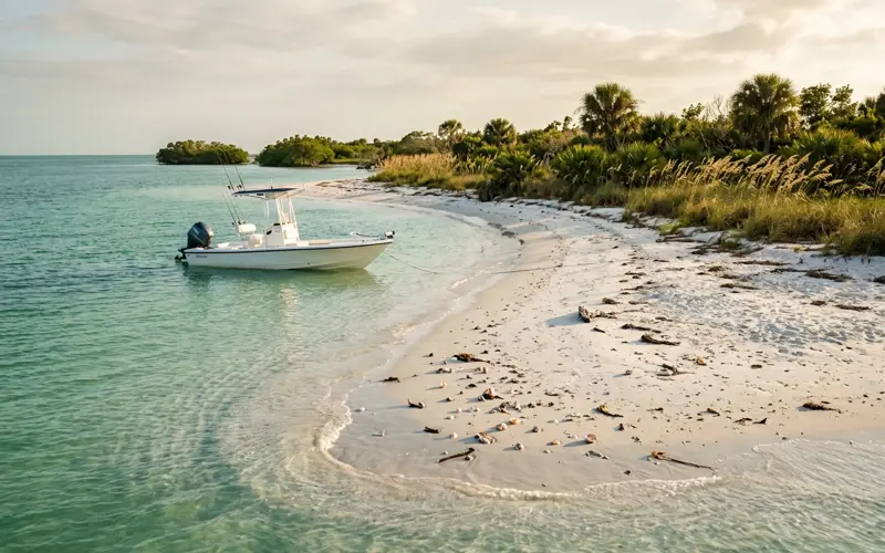 A boat anchored in clear shallow turquoise water off a secluded white-sand barrier island near Naples