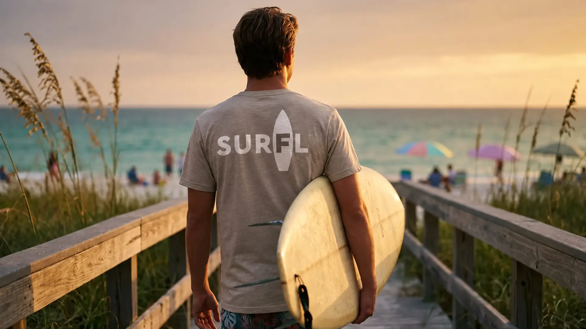 A surfer in a heather grey SURFL tee walking a Naples, Florida beach boardwalk at sunset with a longboard under one arm