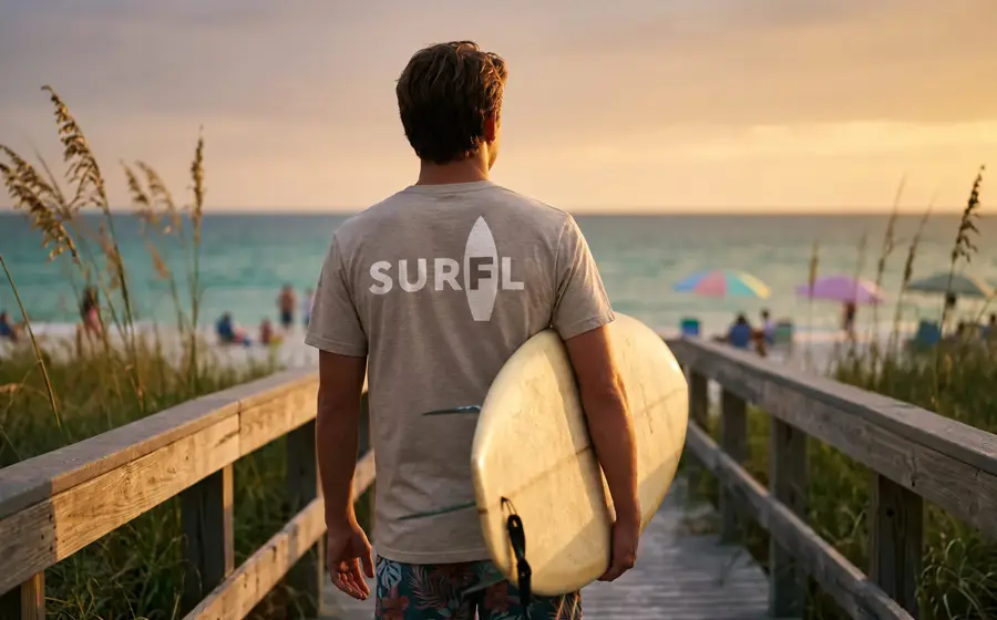 A surfer carrying a longboard down a Naples, Florida beach boardwalk at sunset in a heather grey SURFL tee
