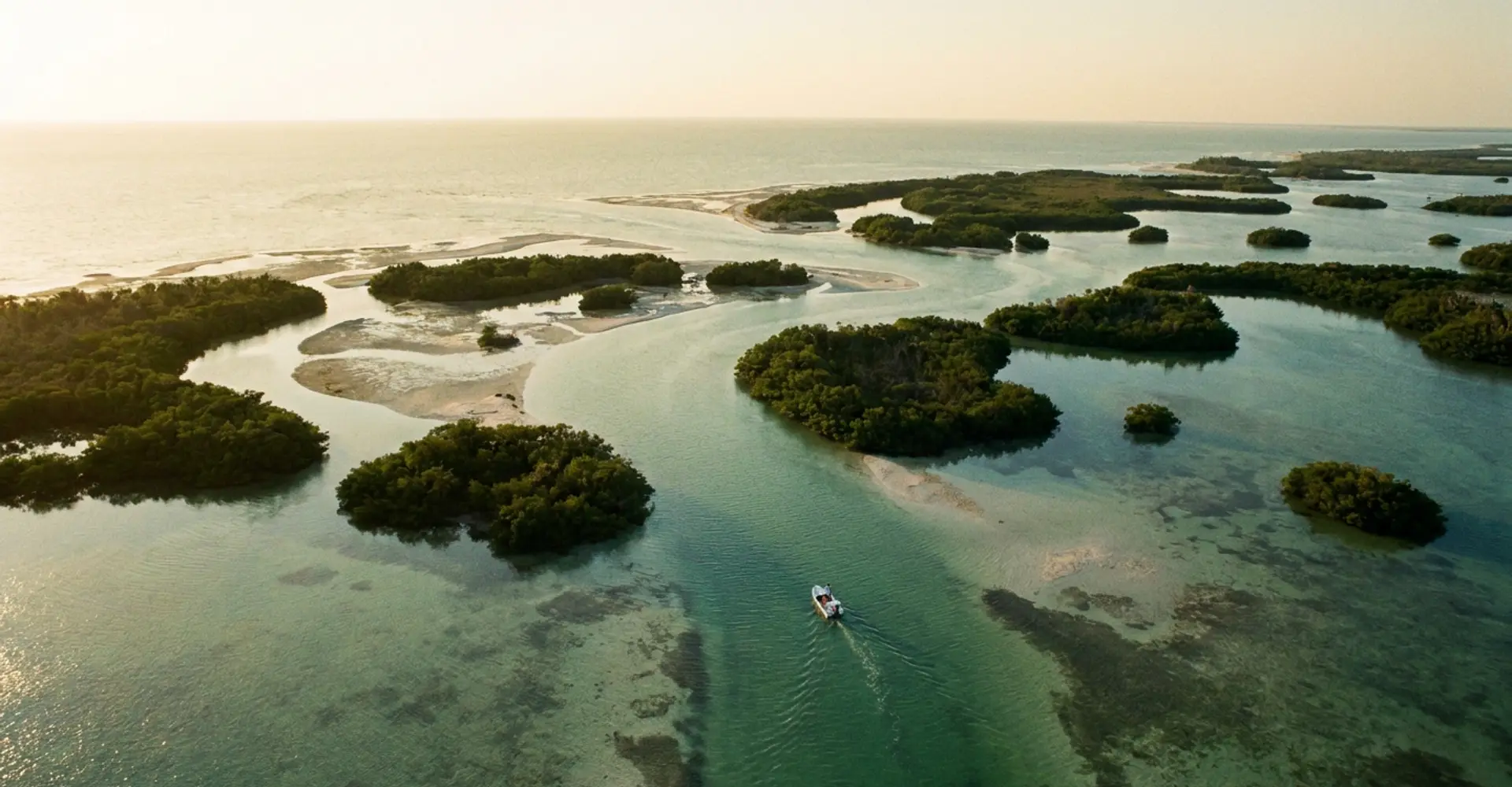 Dozens of small mangrove islands and pale sand bars scattered across shallow jade water in the Ten Thousand Islands south of Marco Island, Florida, with one small boat idling through a channel