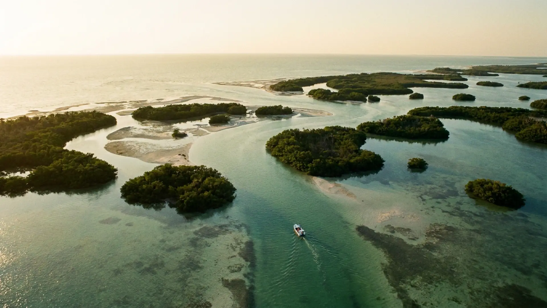 Dozens of small mangrove islands and pale sand bars scattered across shallow jade water in the Ten Thousand Islands south of Marco Island, Florida, with one small boat idling through a channel