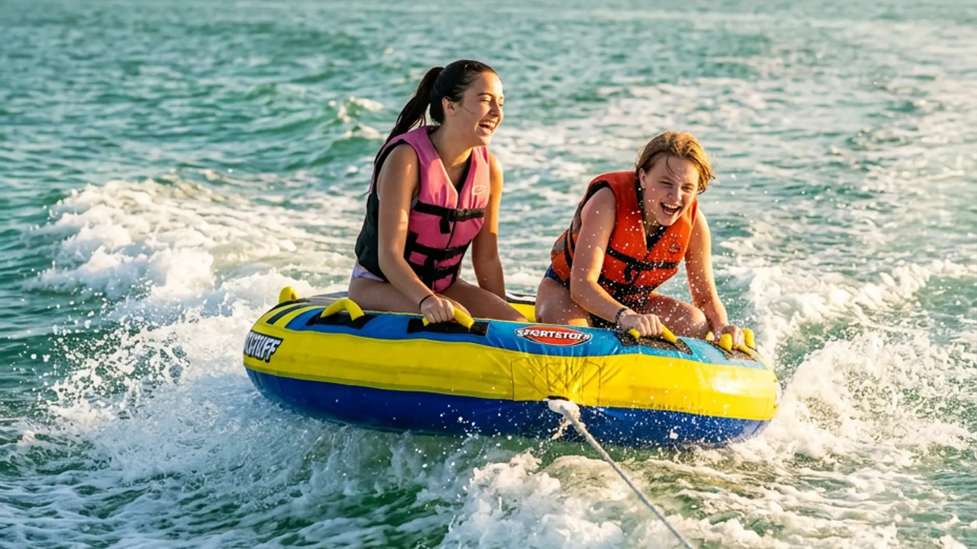 Two teenagers laughing while bouncing across the boat wake on a bright inflatable towable tube on turquoise Gulf water