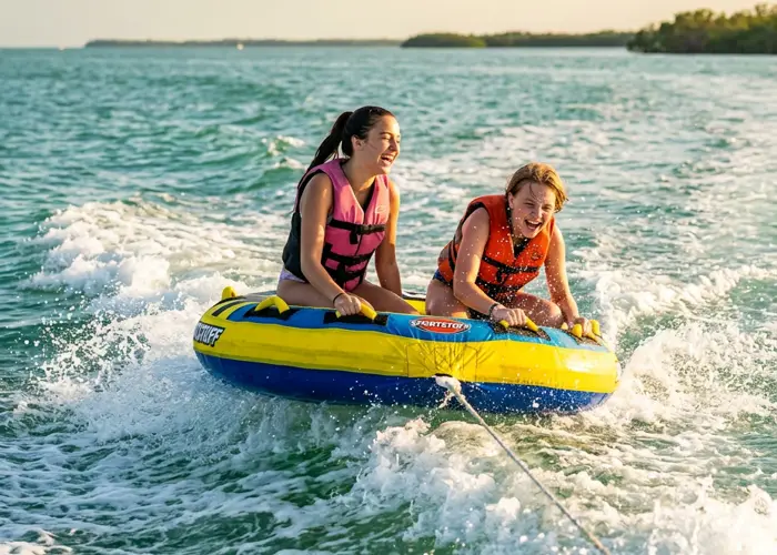 Two teenagers laughing while bouncing across the boat wake on a bright inflatable towable tube on turquoise Gulf water