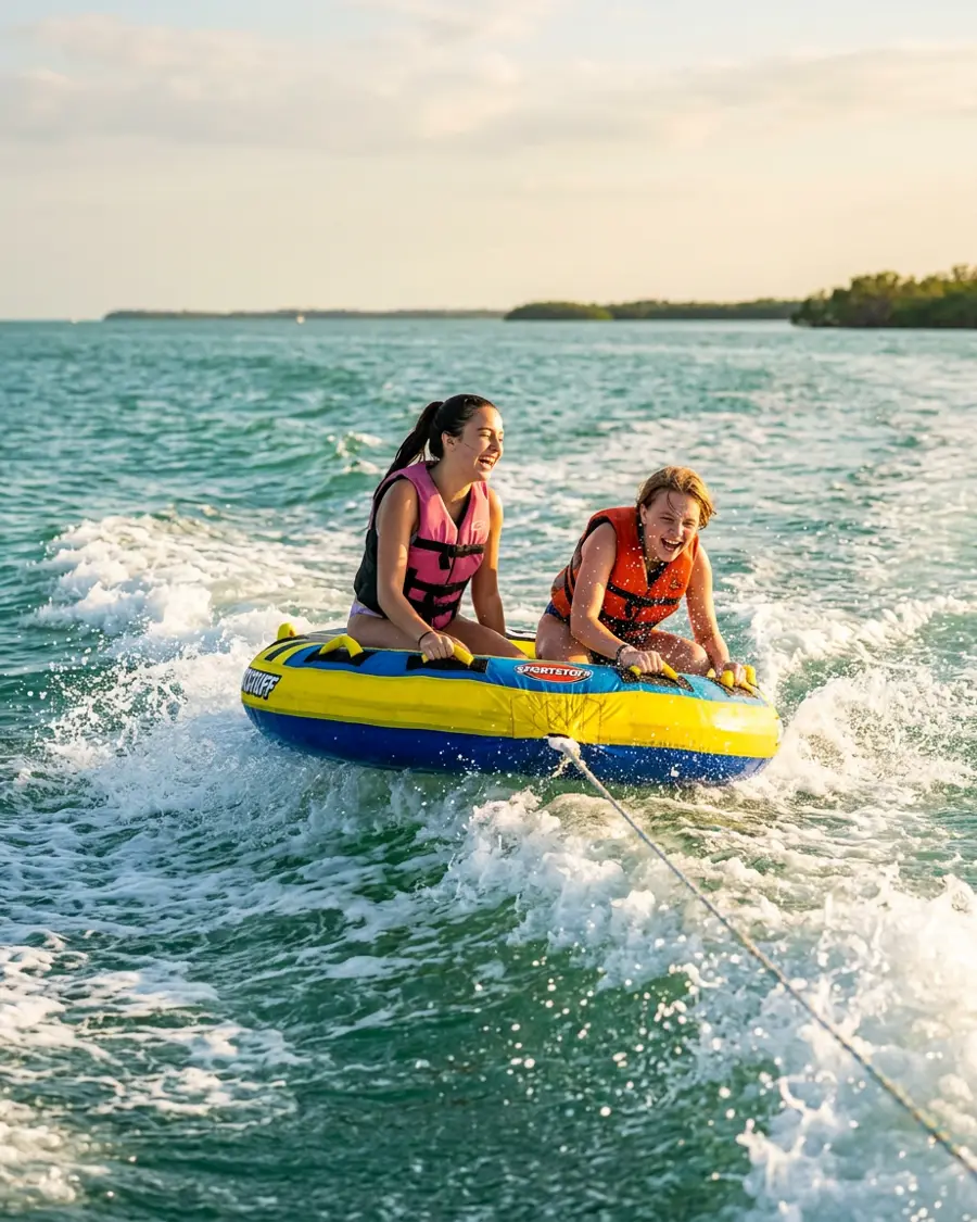 Two teenagers laughing while bouncing across the boat wake on a bright inflatable towable tube on turquoise Gulf water