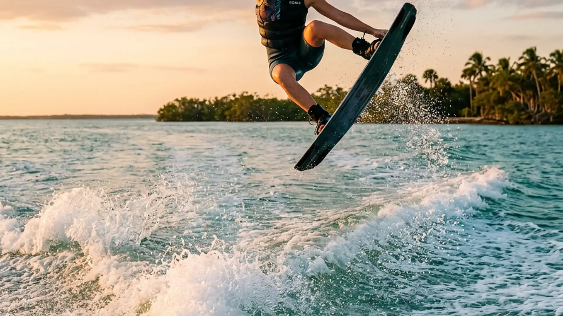 A wakeboarder grabbing the board mid-air off the wake against a warm Florida evening sky