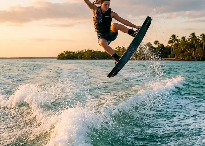 A wakeboarder grabbing the board mid-air off the wake against a warm Florida evening sky