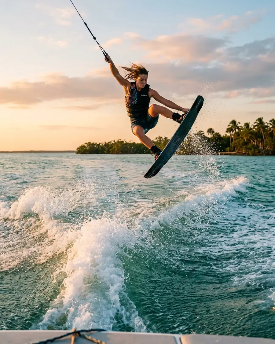 A wakeboarder grabbing the board mid-air off the wake against a warm Florida evening sky