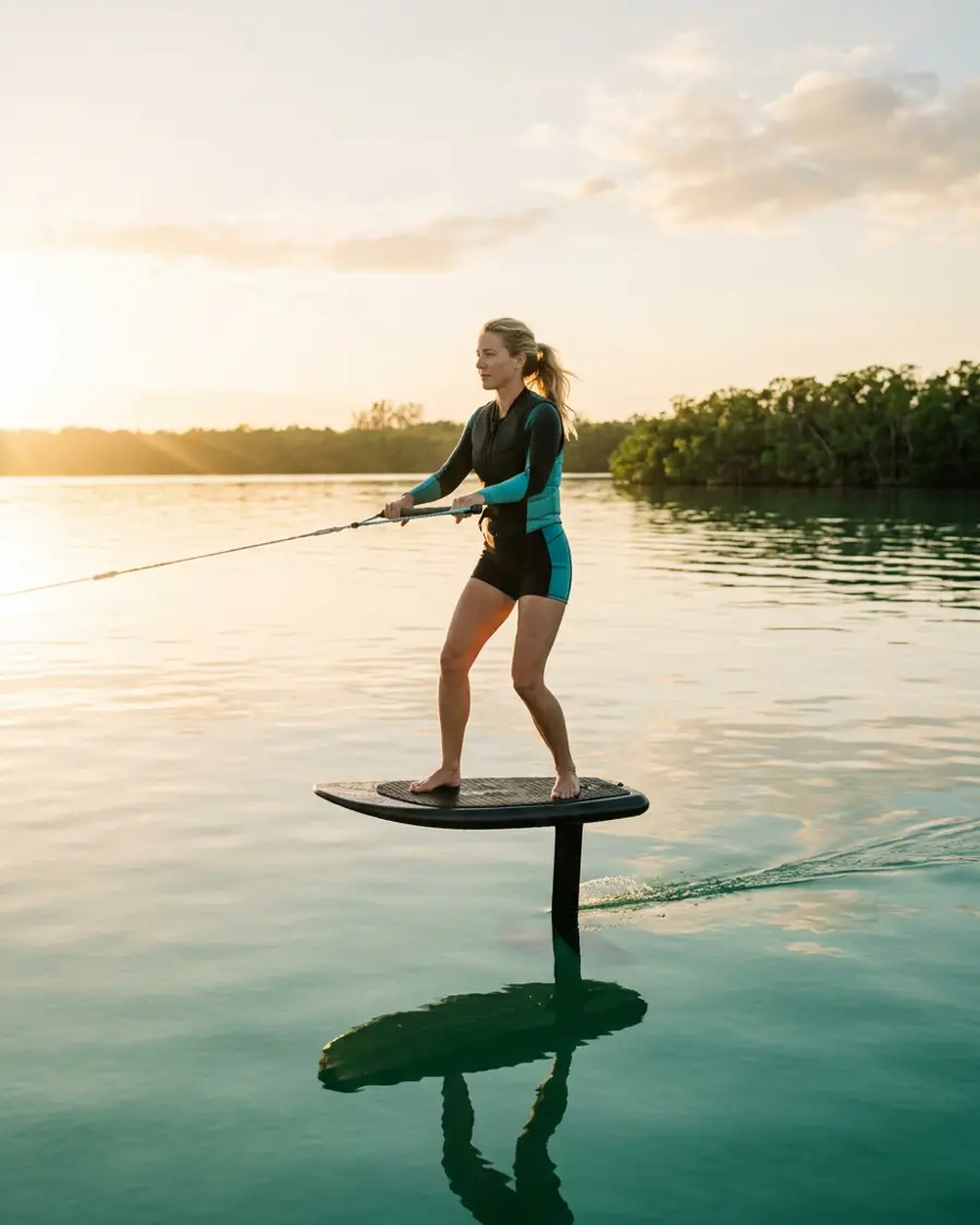 A rider wake foiling, floating above glassy jade water on a hydrofoil board with only the thin mast touching the surface